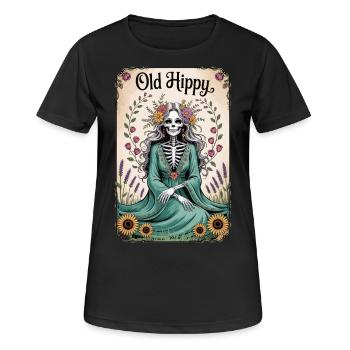 Old Hippy Skelett Blumen Tarot Shirt - Frauen T-Shirt atmungsaktiv - Schwarz - Vorne - AI Model Female 172 light (172cm)