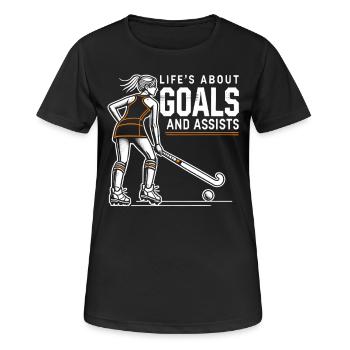 Feldhockey, Feldhockeyspielerin Life's About Goals - Frauen T-Shirt atmungsaktiv - Schwarz - Vorne - AI Model Female 172 light (172cm)