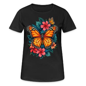 Schmetterling, Monarch, Blumen, Entomologe - Frauen T-Shirt atmungsaktiv - Schwarz - Vorne - AI Model Female 172 light (172cm)