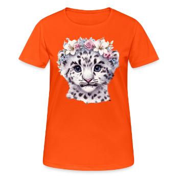 Schneeleopard mit Blumenkranz - Frauen T-Shirt atmungsaktiv - Neonorange - Vorne - AI Model Female 172 dark (172cm)