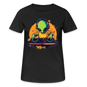 DJ Alien am Mischpult - Frauen T-Shirt atmungsaktiv - Schwarz - Vorne - AI Model Female 172 light (172cm)