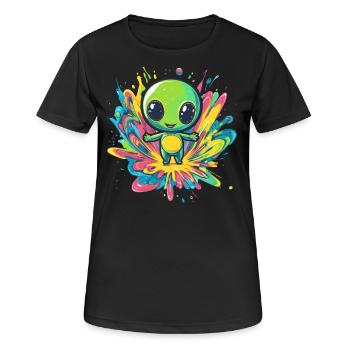 Bunter Alien auf Farbspritzer - Frauen T-Shirt atmungsaktiv - Schwarz - Vorne - AI Model Female 172 light (172cm)