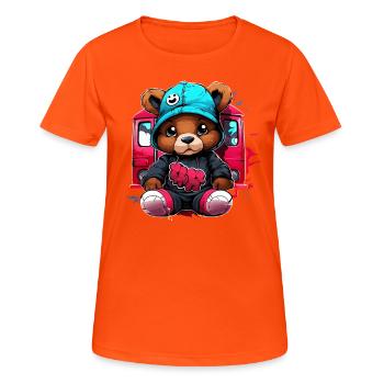 Streetstyle Bär vor Zug - Frauen T-Shirt atmungsaktiv - Neonorange - Vorne - AI Model Female 172 dark (172cm)