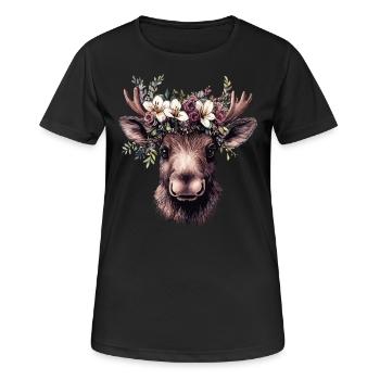 Realistischer Elch mit Blumen - Frauen T-Shirt atmungsaktiv - Schwarz - Vorne - AI Model Female 172 light (172cm)