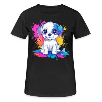 Welpe auf Farbspritzer - Frauen T-Shirt atmungsaktiv - Schwarz - Vorne - AI Model Female 172 light (172cm)