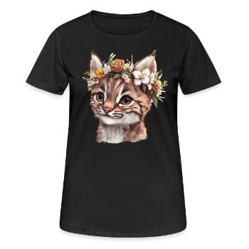 Wildkatze mit Blumenkranz - Frauen T-Shirt atmungsaktiv - Schwarz - Vorne - AI Model Female 172 light (172cm)