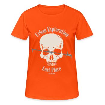 Urbex skull with advertising - Women's Breathable T-Shirt - neon orange - Front - AI Model Female 172 dark (172cm)