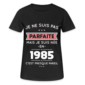 Anniversaire 40 ans - Pas parfaite mais née 1985 - T-shirt respirant Femme - noir - Devant - AI Model Female 172 light (172cm)