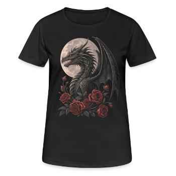 Dragon avec des roses et la pleine lune - T-shirt respirant Femme - noir - Devant - AI Model Female 172 light (172cm)