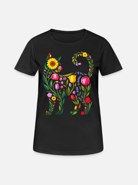 Silhouette Chat Floral Femmes - T-shirt respirant Femme - noir