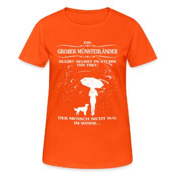 Frauen-Hundeshirt mit großem Münsterländer - Frauen T-Shirt atmungsaktiv - Neonorange - Vorne - AI Model Female 172 dark (172cm)