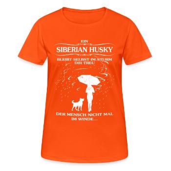 Frauen-Hundeshirt mit Siberian Husky - Frauen T-Shirt atmungsaktiv - Neonorange - Vorne - AI Model Female 172 dark (172cm)