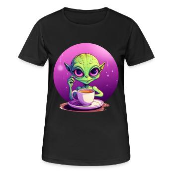 Mitternachts-Kaffee: Der grüne Alien-Trinker - Frauen T-Shirt atmungsaktiv - Schwarz - Vorne - AI Model Female 172 light (172cm)