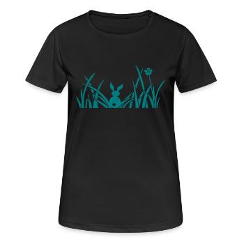 Bunny Hase Kaninchen Wiese Blumen Gras Rasen - Frauen T-Shirt atmungsaktiv - Schwarz - Vorne - AI Model Female 172 light (172cm)