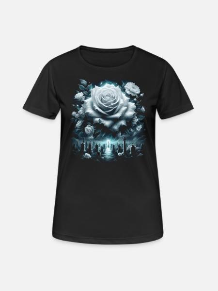 Mystische Weiße Rose und Friedhof – Dark Fantasy - Frauen T-Shirt atmungsaktiv - Schwarz