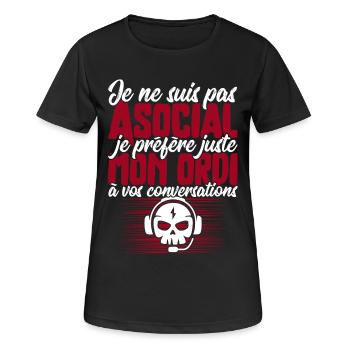 Pas asocial ordi t-shirt humour geek - T-shirt respirant Femme - noir - Devant - AI Model Female 172 light (172cm)