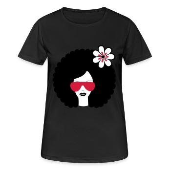 Curly haired sommer girl with flower, Retro, Afro - Frauen T-Shirt atmungsaktiv - Schwarz - Vorne - AI Model Female 172 light (172cm)