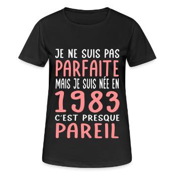 Anniversaire 40 ans - Pas parfaite née en 1983 - T-shirt respirant Femme - noir - Devant - AI Model Female 172 light (172cm)