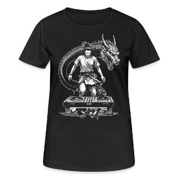 Manga Shirt: Samurai-DJ im Bann des Drachen - Frauen T-Shirt atmungsaktiv - Schwarz - Vorne - AI Model Female 172 light (172cm)