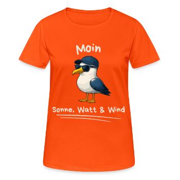 Moin Maritime Möwe mit Spruch - Frauen T-Shirt atmungsaktiv - Neonorange - Vorne - AI Model Female 172 dark (172cm)
