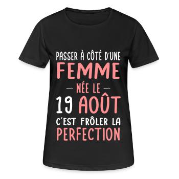 Anniversaire - Née le 19 Août Frôler perfection - T-shirt respirant Femme - noir - Devant - AI Model Female 172 light (172cm)