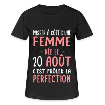 Anniversaire - Née le 20 Août Frôler perfection - T-shirt respirant Femme - noir - Devant - AI Model Female 172 light (172cm)