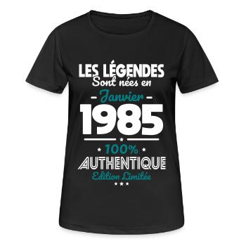 Anniversaire 40 ans - Légendes nées Janvier 1985 - T-shirt respirant Femme - noir - Devant - AI Model Female 172 light (172cm)