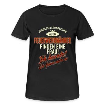 JGA BRAEUTIGAM - Feuerwehrmann - Version Auch rot - Frauen T-Shirt atmungsaktiv - Schwarz - Vorne - AI Model Female 172 light (172cm)