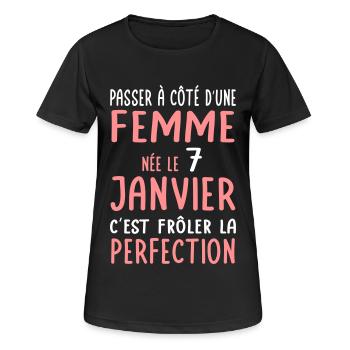 Anniversaire - Née le 7 Janvier Frôler perfection - T-shirt respirant Femme - noir - Devant - AI Model Female 172 light (172cm)