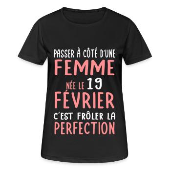 Anniversaire - Née le 19 Février Frôler perfection - T-shirt respirant Femme - noir - Devant - AI Model Female 172 light (172cm)
