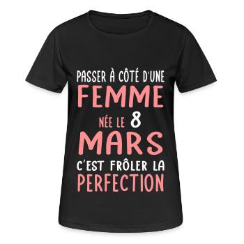 Anniversaire - Née le 8 Mars Frôler perfection - T-shirt respirant Femme - noir - Devant - AI Model Female 172 light (172cm)