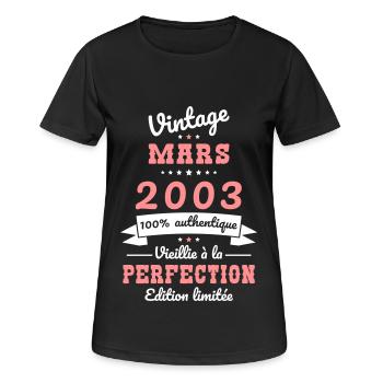 Anniversaire 20 ans - Vintage - Mars 2003 - T-shirt respirant Femme - noir - Devant - AI Model Female 172 light (172cm)