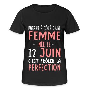 Anniversaire - Née le 12 Juin Frôler perfection - T-shirt respirant Femme - noir - Devant - AI Model Female 172 light (172cm)