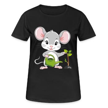 Une mignonne petite souris arrose la plante - T-shirt respirant Femme - noir - Devant - AI Model Female 172 light (172cm)