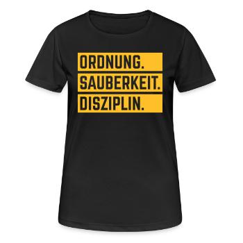Ordnung Sauberkeit Disziplin, Deutsche Tugenden 1C - Frauen T-Shirt atmungsaktiv - Schwarz - Vorne - AI Model Female 172 light (172cm)