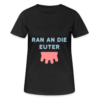 ★ Designfarben änderbar ★ Ran an die Euter, Zitzen - Frauen T-Shirt atmungsaktiv - Schwarz - Vorne - AI Model Female 172 light (172cm)