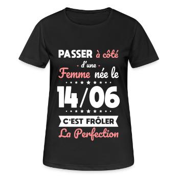 Anniversaire - Née le 14 Juin Frôler perfection - T-shirt respirant Femme - noir - Devant - AI Model Female 172 light (172cm)