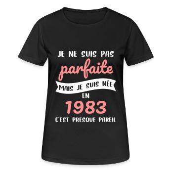 Anniversaire 40 ans - Pas parfaite née en 1983 - T-shirt respirant Femme - noir - Devant - AI Model Female 172 light (172cm)