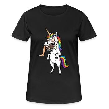 Verrücktes Einhorn – BISS ZUM UMfallen! - Frauen T-Shirt atmungsaktiv - Schwarz - Vorne - AI Model Female 172 light (172cm)