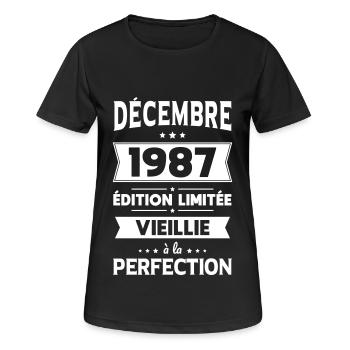 Anniversaire 35 ans - Décembre 1987 Perfection - T-shirt respirant Femme - noir - Devant - AI Model Female 172 light (172cm)