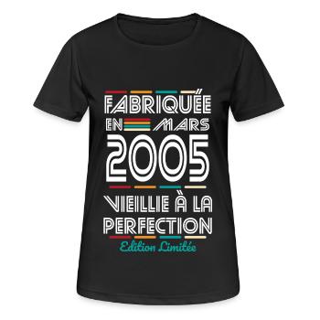 Anniversaire 20 ans - Fabriquée en Mars 2005 - T-shirt respirant Femme - noir - Devant - AI Model Female 172 light (172cm)