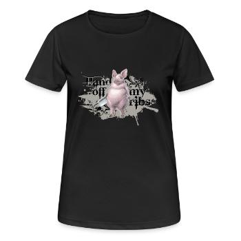 shirt motif pig butcher hands off my ribs gray - Women's Breathable T-Shirt - black - Front - AI Model Female 172 light (172cm)