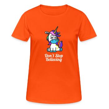 Shop Cute Dont Stop Believing Unicorn Design - Women's Breathable T-Shirt - neon orange - Front - AI Model Female 172 dark (172cm)