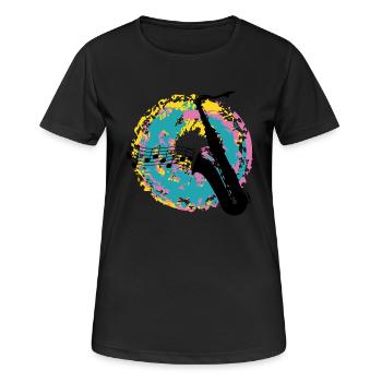 Saxofon auf Farbklecksen - Frauen T-Shirt atmungsaktiv - Schwarz - Vorne - AI Model Female 172 light (172cm)