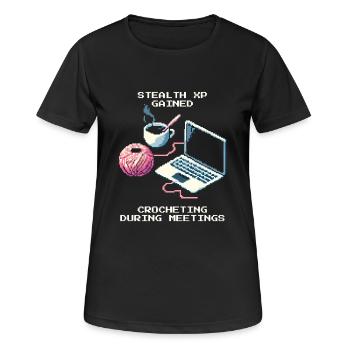 Stealth-Häkeln im Meeting | Garn Handarbeit - Frauen T-Shirt atmungsaktiv - Schwarz - Vorne - AI Model Female 172 light (172cm)