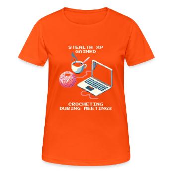 Stealth Crochet in Meeting | Yarn handmade - Women's Breathable T-Shirt - neon orange - Front - AI Model Female 172 dark (172cm)