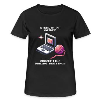 Meeting: Crochet camouflaged | Stitches Yarn Handmade - Women's Breathable T-Shirt - black - Front - AI Model Female 172 light (172cm)