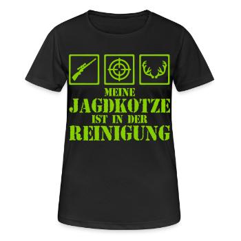 Jagdkotze Jagen Poncho Reinigung | Farbe änderbar - Frauen T-Shirt atmungsaktiv - Schwarz - Vorne - AI Model Female 172 light (172cm)