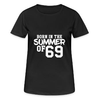 Né à l'été 69 - T-shirt respirant Femme - noir - Devant - AI Model Female 172 light (172cm)