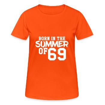 Né à l'été 69 - T-shirt respirant Femme - orange néon - Devant - AI Model Female 172 dark (172cm)